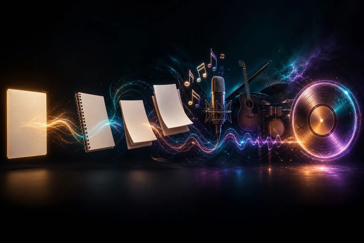 Blank song pages flowing through a microphone and instruments into a finished record